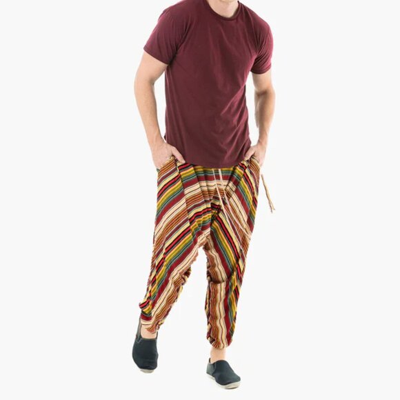Buddha Pants Unisex Drawstring Boho Hippie Stripe Savannah Harem Pants Red - Picture 6 of 13
